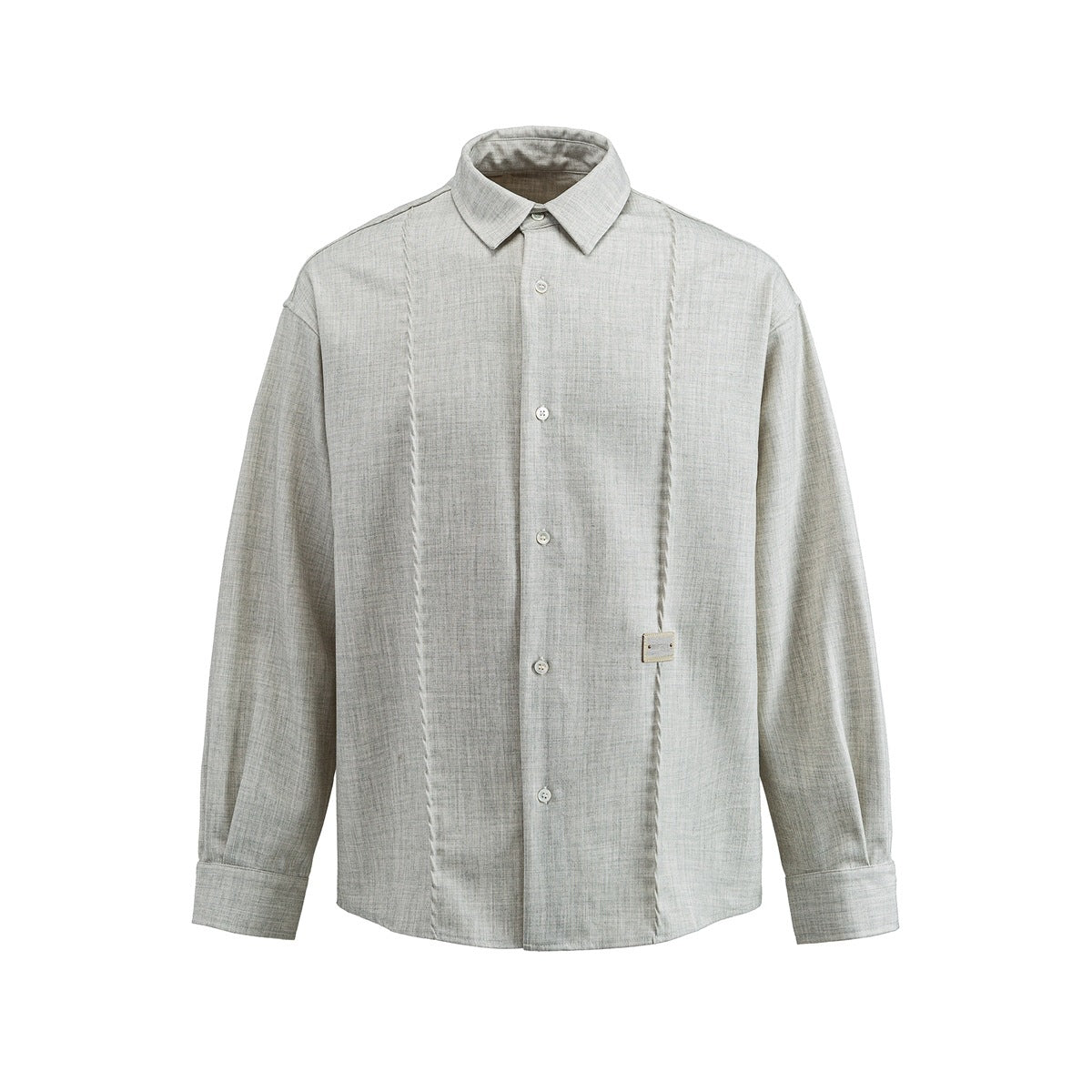 Beige-gray heathered long-sleeve button-up shirt, front flat view, with twisted vertical seams and a small label patch