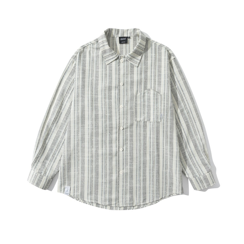 Blue-gray striped long-sleeve button-up shirt with chest pocket, flat lay front view