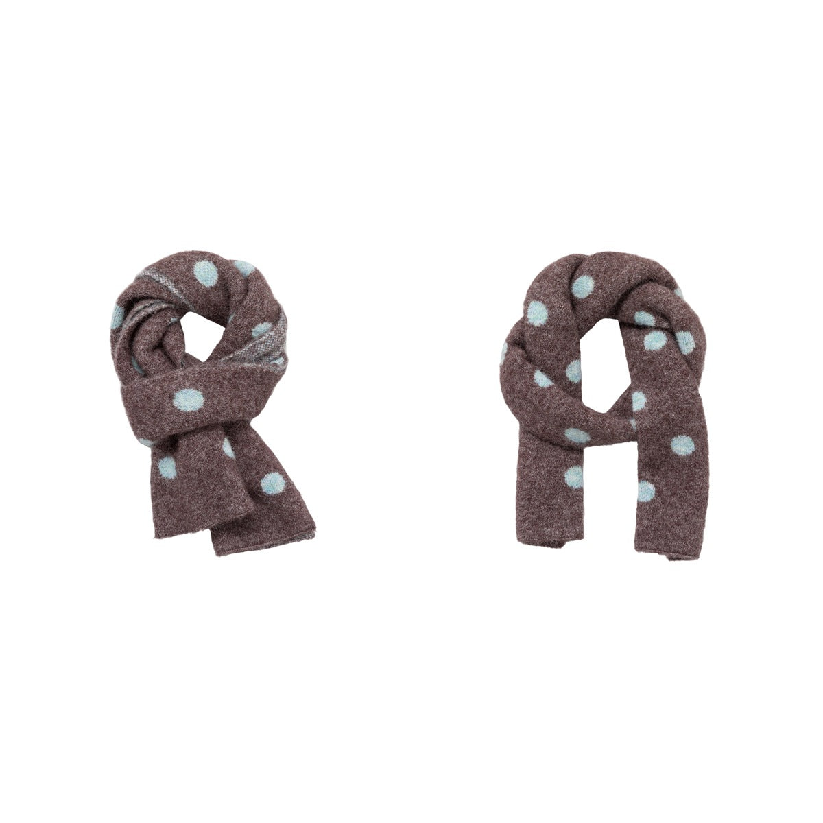 Brown scarf with large pale blue dots, shown arranged in two different draped styles.