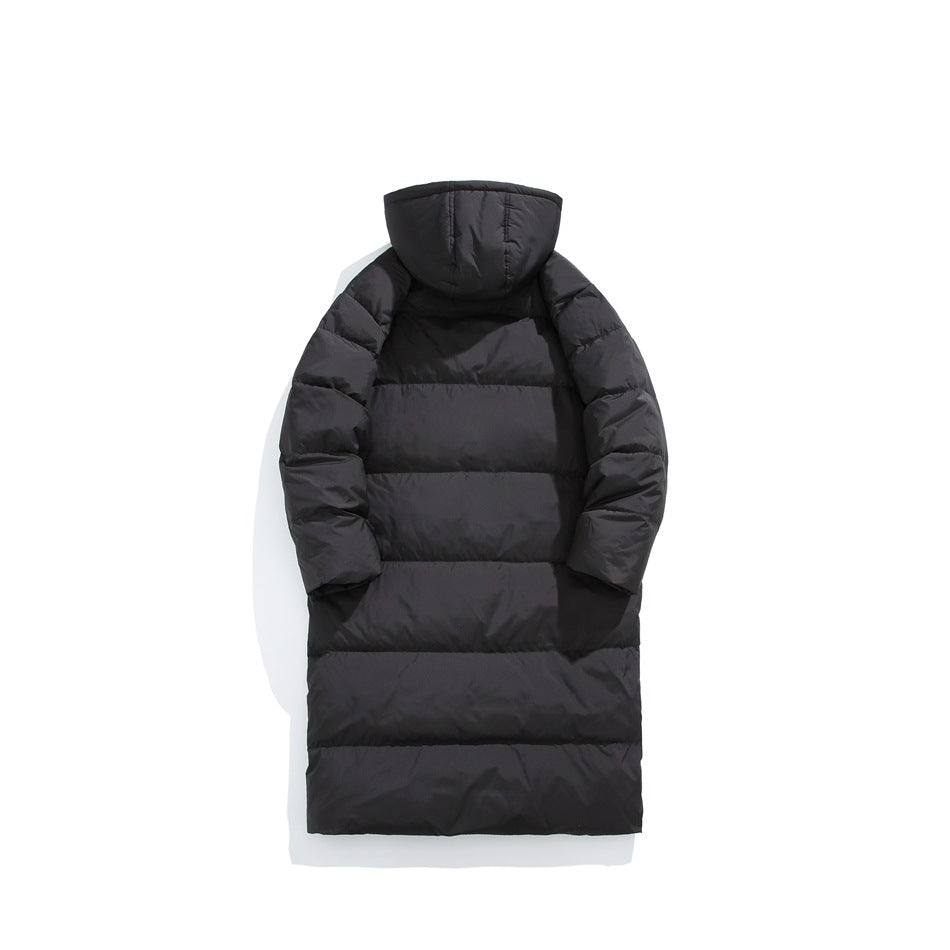 Back view of a long black quilted puffer coat with a hood and horizontal baffles, displayed against white.