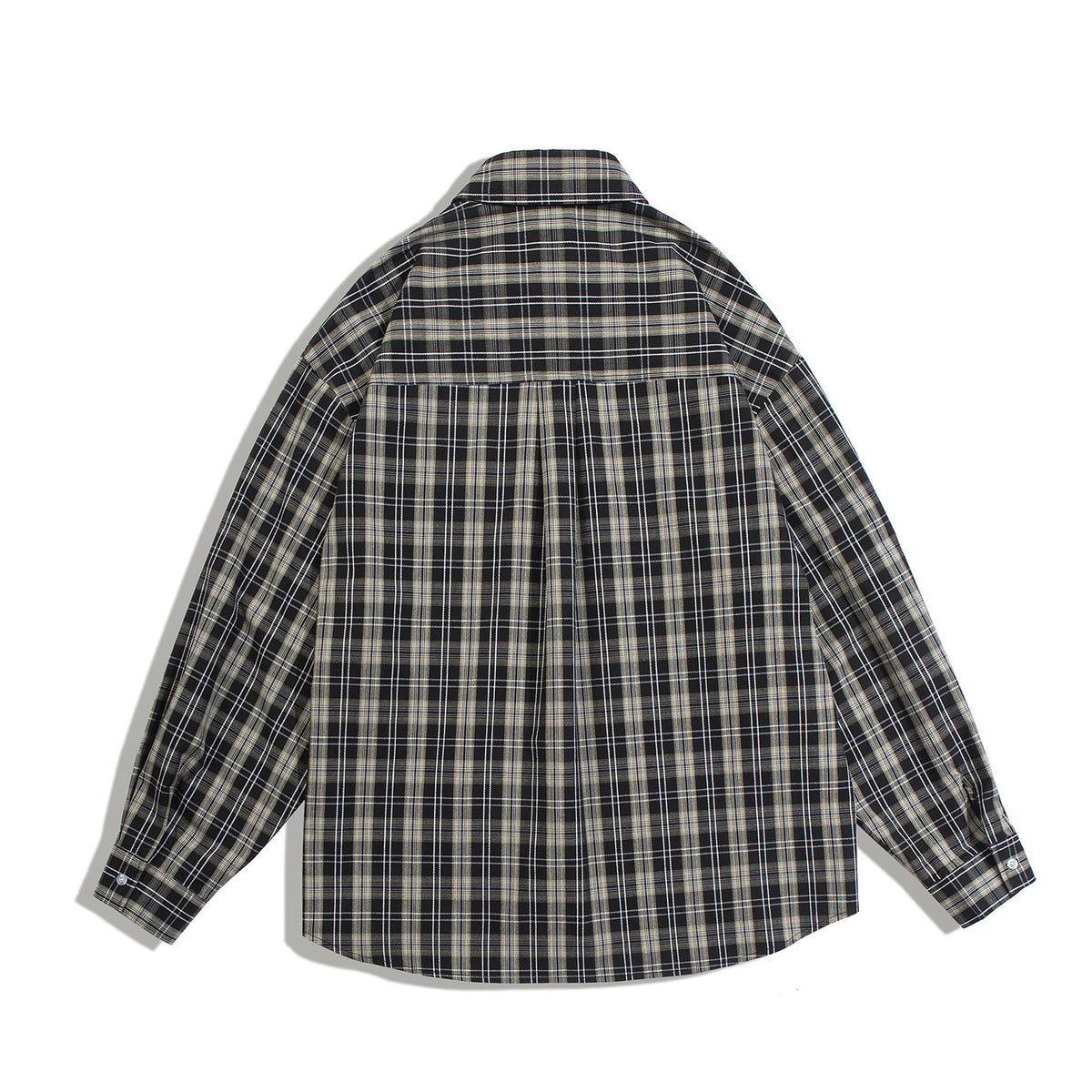 Back view of a long-sleeve black plaid button-up shirt with a back yoke and center pleat.