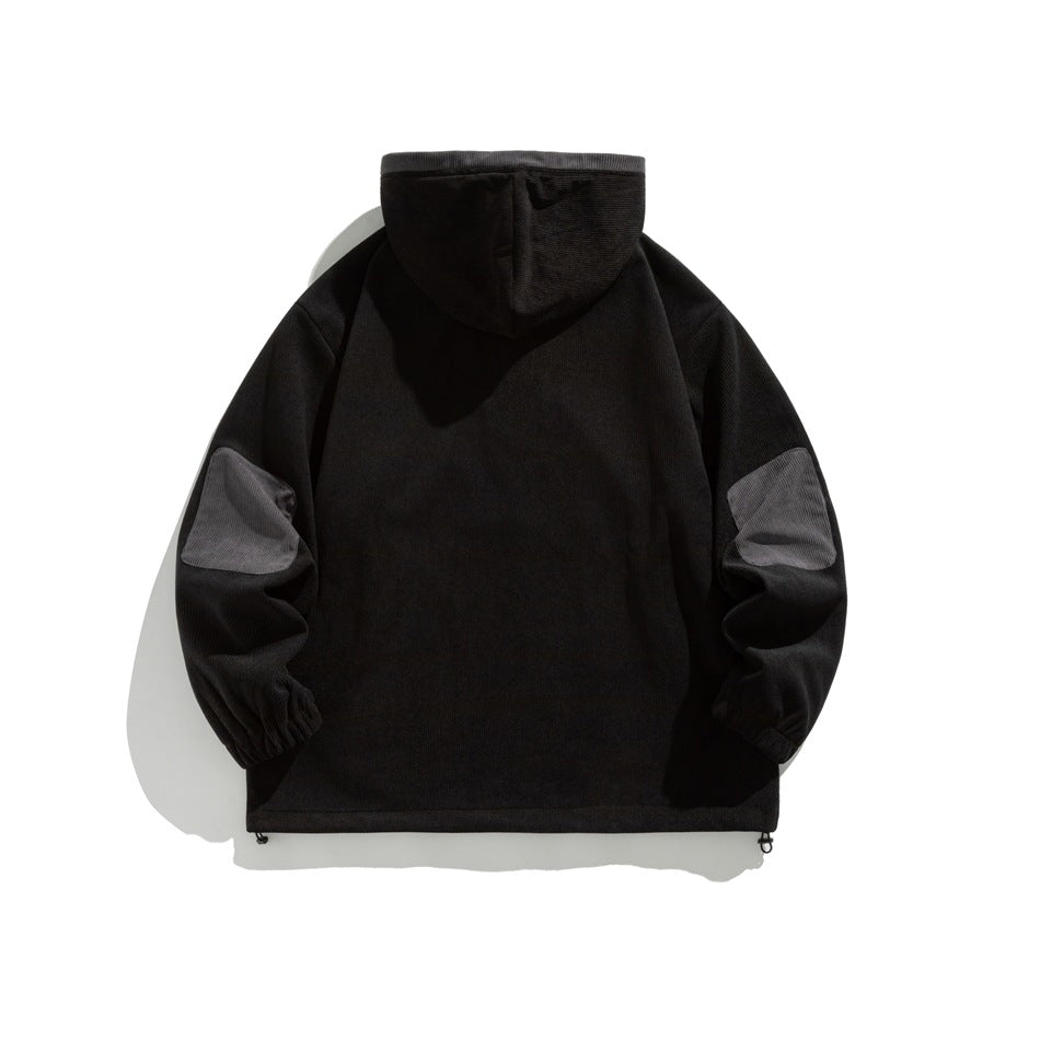 Back view of black ribbed hoodie with gray elbow patches, hood and drawstring hem toggles, flat lay