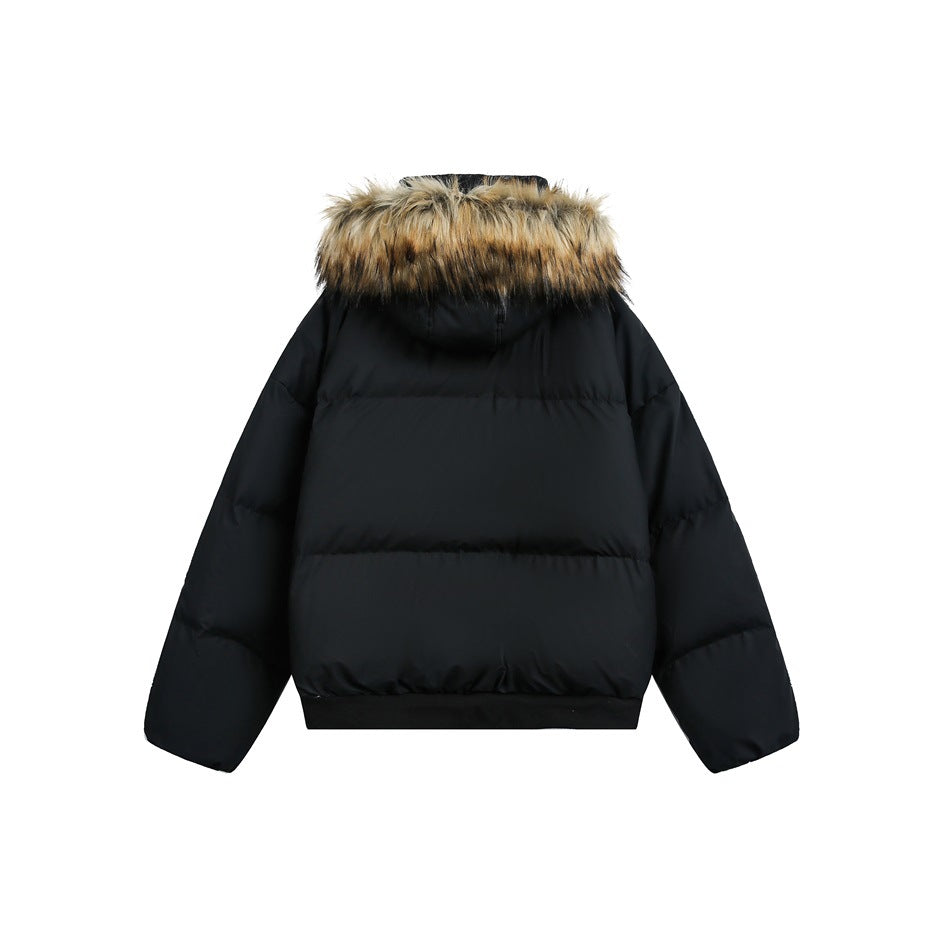 Back view of a black puffer jacket with a hood trimmed in tan and black faux fur.