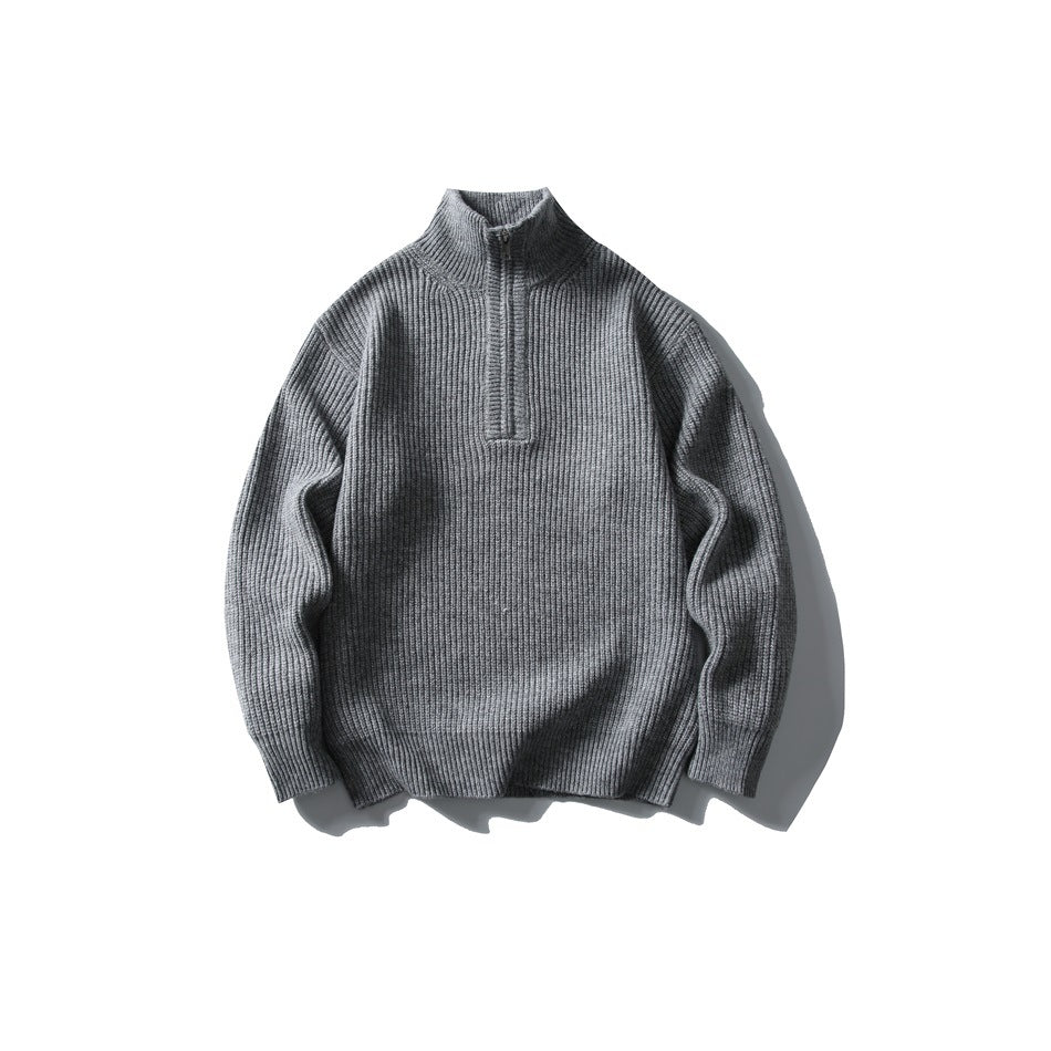 Light gray ribbed knit half-zip sweater with stand collar, flat lay front view