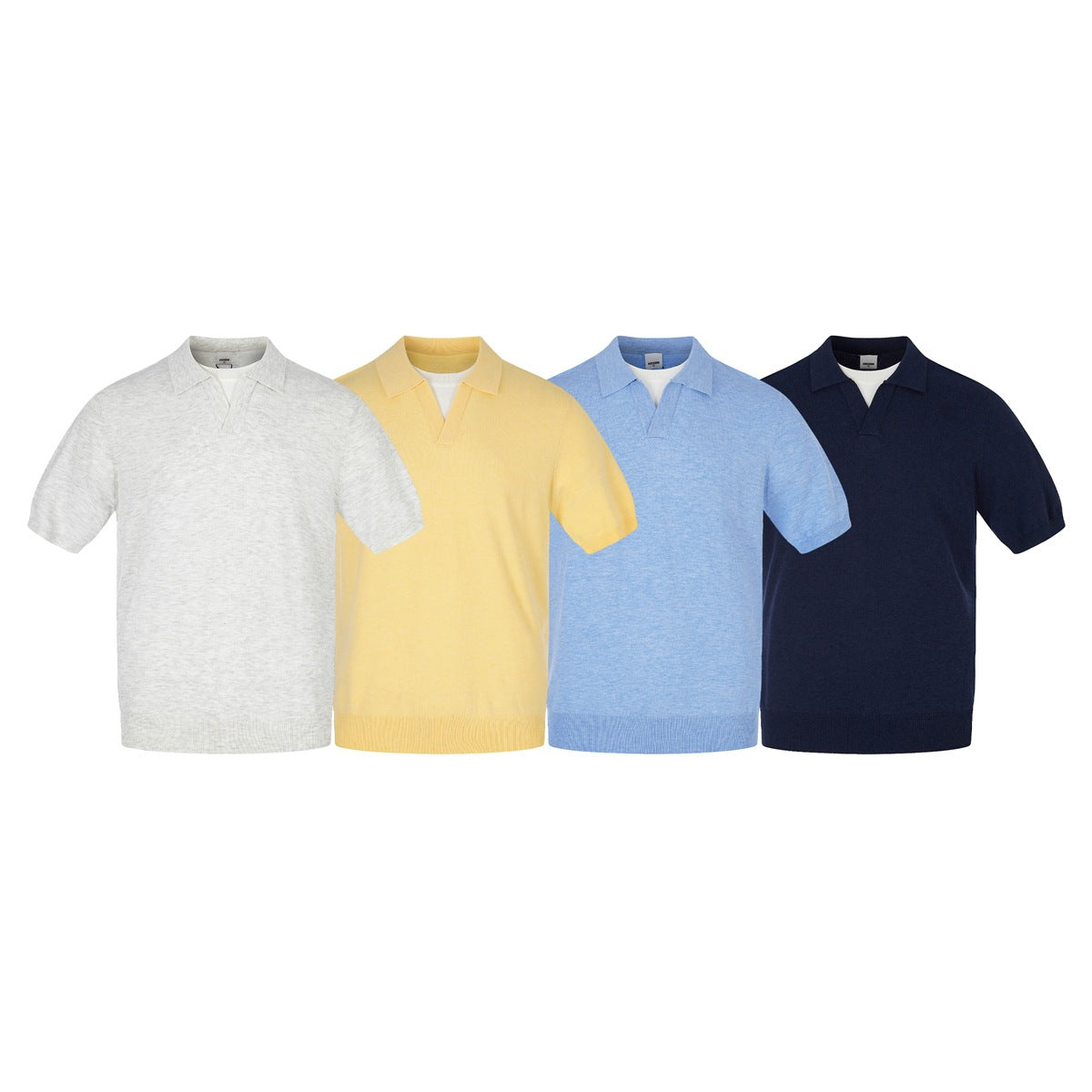 Four short-sleeve collared knit polo tops shown together in light gray, pale yellow, light blue, and navy.