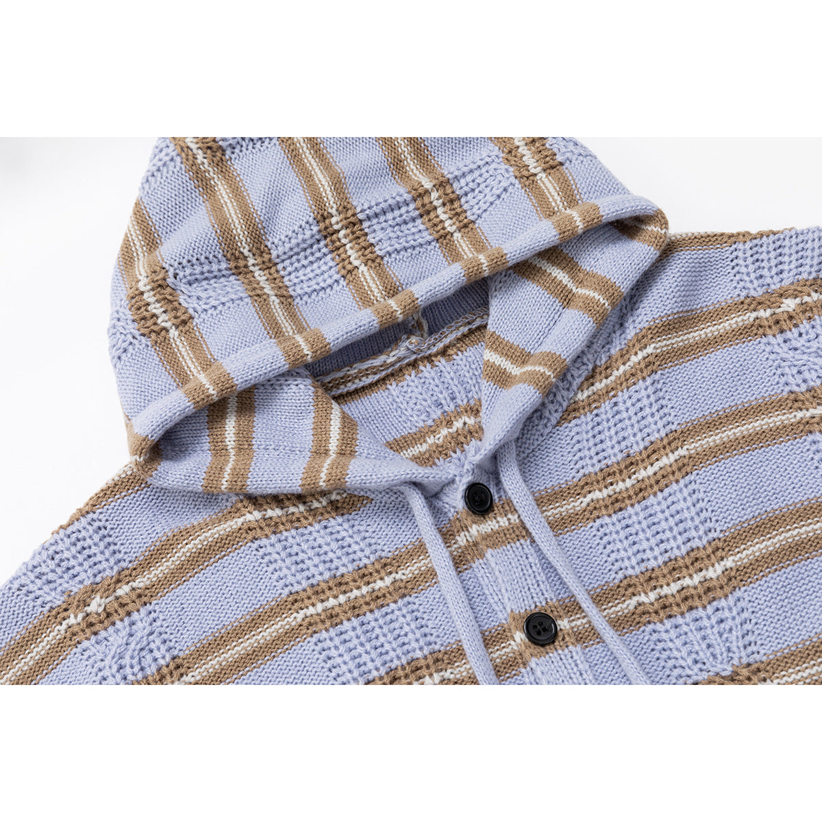 Close-up of a light blue knitted hooded cardigan with tan and cream stripes, drawstrings and black buttons.