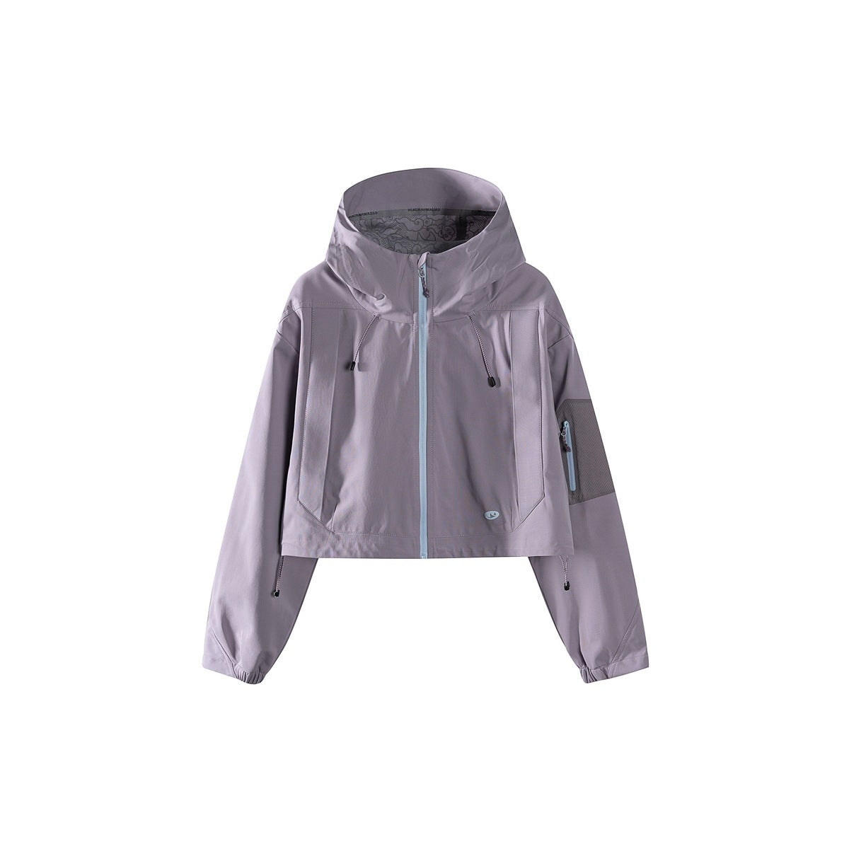 Purple cropped hooded zip jacket, front view, with light blue zipper and a gray sleeve pocket