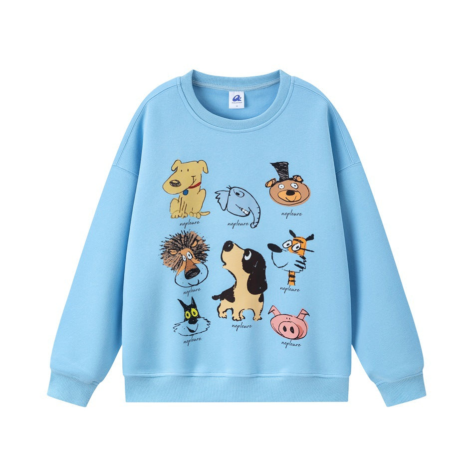 Light blue crew-neck sweatshirt front with colorful cartoon animal print and ribbed cuffs