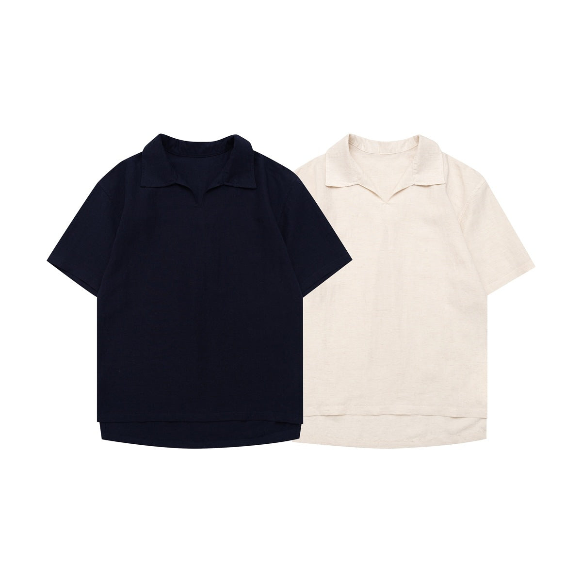 Two short-sleeve collared shirts shown from the front, one dark navy and one light cream.