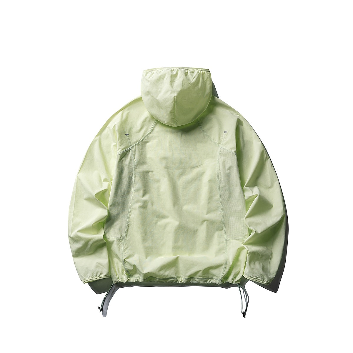 Back view of a pale lime-green hooded jacket with curved seams and adjustable drawcord hem, laid flat on white.