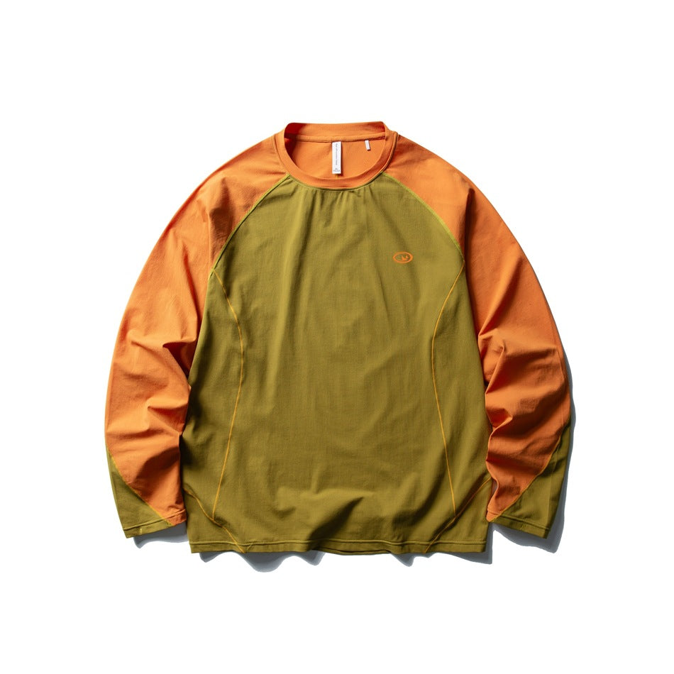 Olive green long-sleeve top with orange raglan sleeves and collar, yellow piping and small chest logo, flat lay