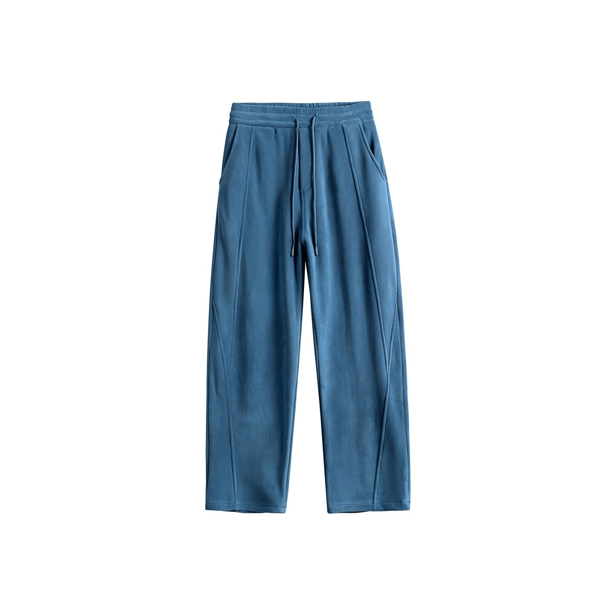 Blue wide-leg drawstring sweatpants, flat front view with curved seams and side pockets