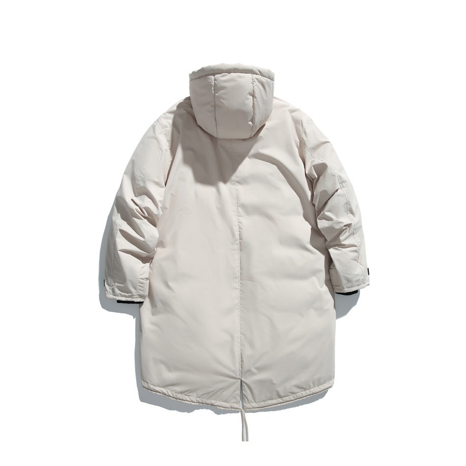 Back view of a light cream, long hooded coat with a drawcord hem.