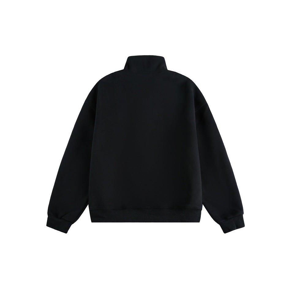 Plain black high-collar jacket shown from the back, with long sleeves and ribbed cuffs and hem.