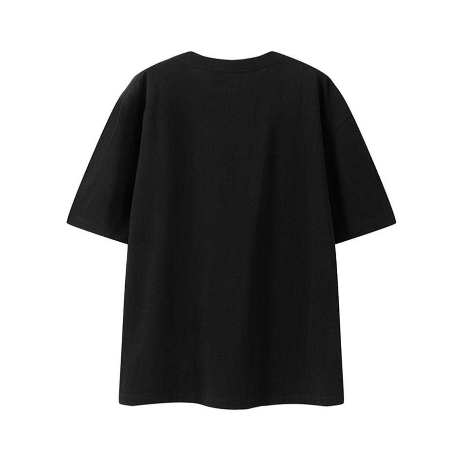 Back view of a plain black short-sleeve crew-neck T-shirt with drop shoulders