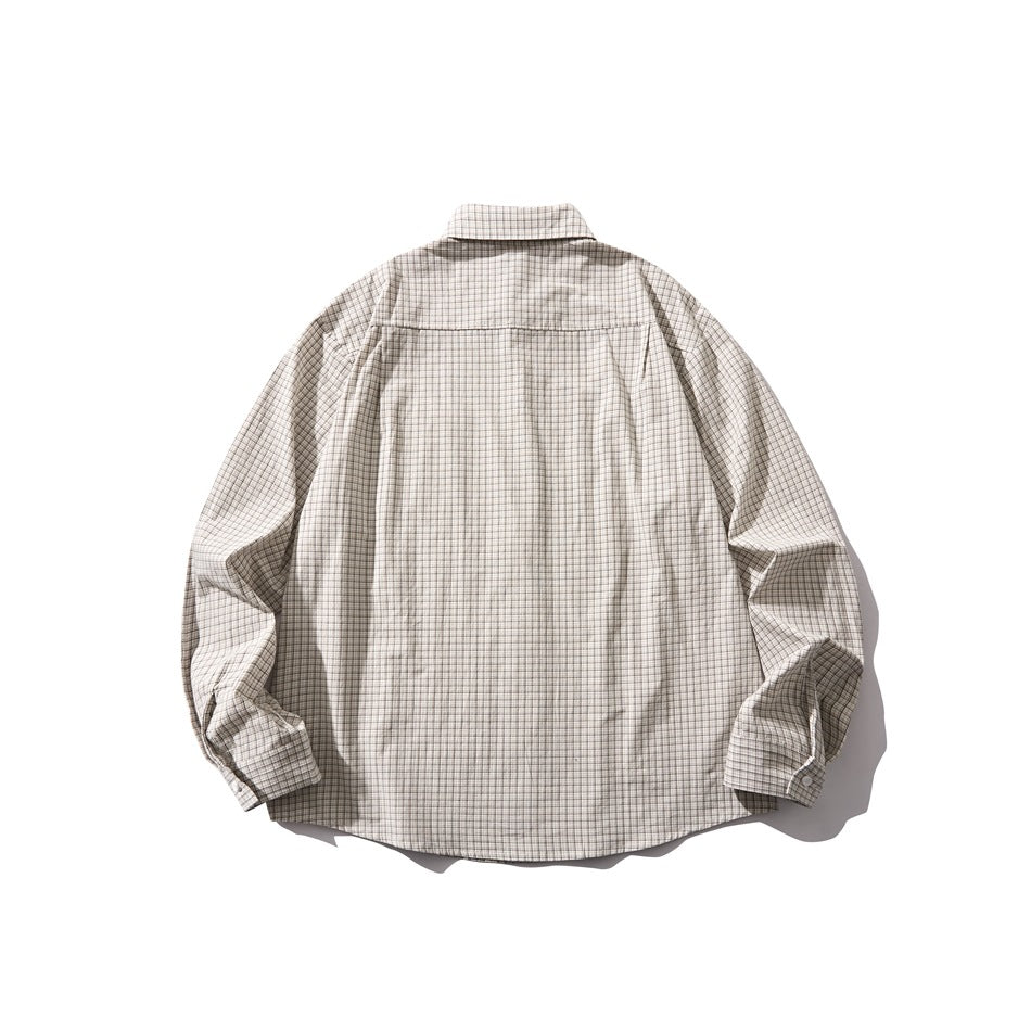 Back view of a beige and gray plaid long-sleeve button-up shirt laid flat.