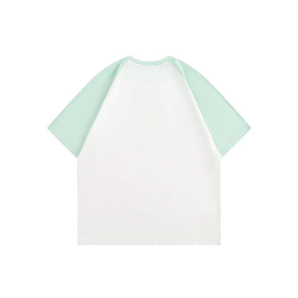 Back view of a white raglan T-shirt with mint green sleeves and ribbed collar, plain back with no graphic