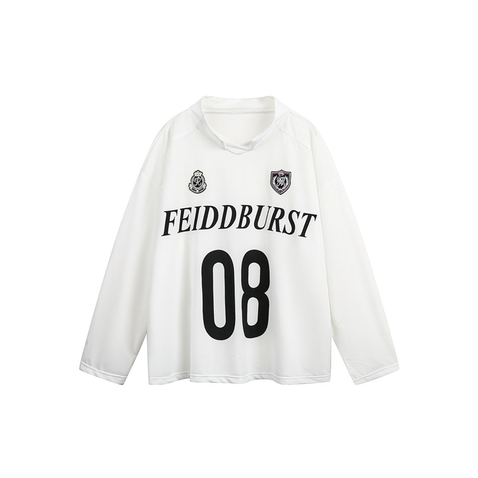 White long-sleeve jersey-style top with V-neck, chest crests, black lettering and large 08 print, flat front view