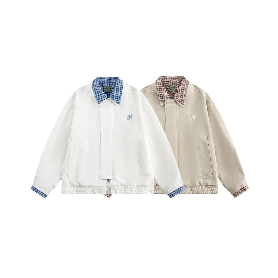 Two oversized jackets shown side by side: white with blue checked trim and beige with red checked trim.