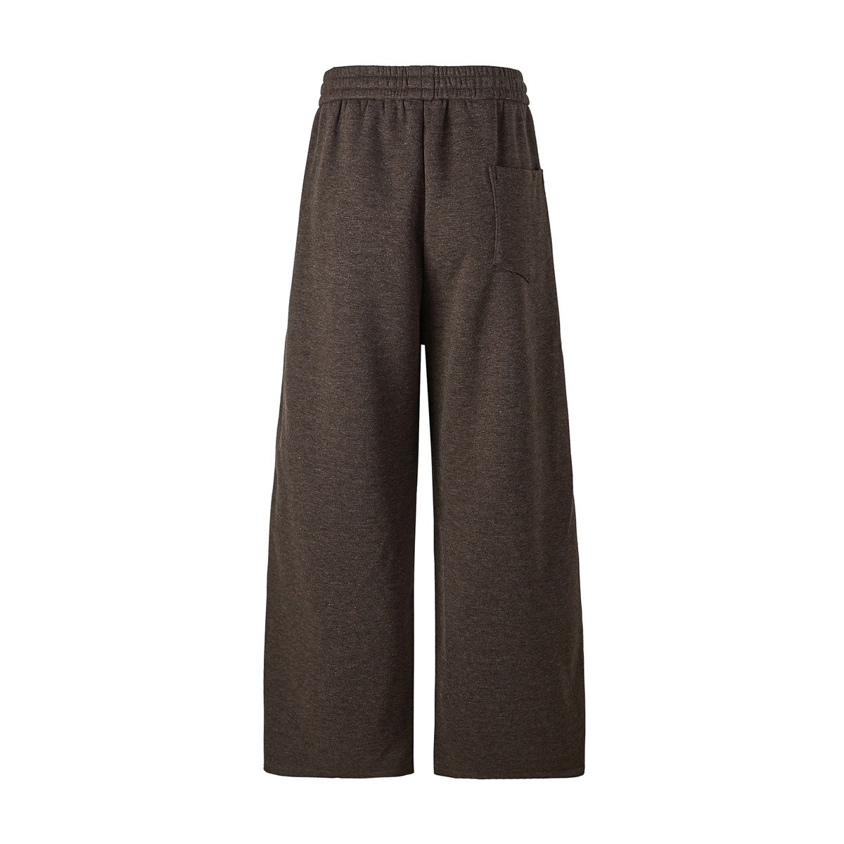 Back view of brown wide-leg pants with an elastic waistband and a patch pocket.