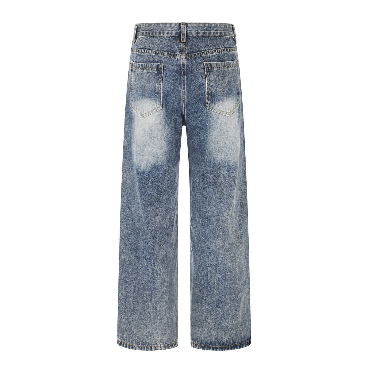 Back flat view of faded blue jeans with two patch pockets and light wash on the seat