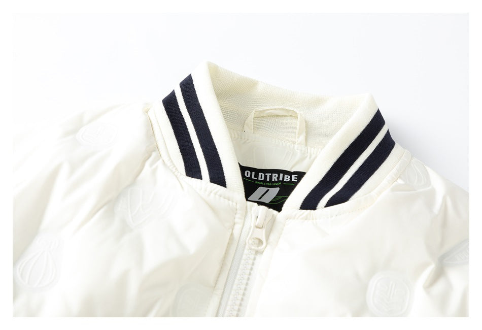 Close-up of the jacket’s navy-striped ribbed collar, zipper and sewn-in OLDTRIBE label.