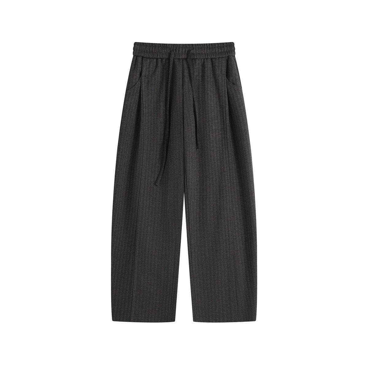 Dark charcoal gray striped wide-leg drawstring pants with pleats and side pockets, flat lay front view
