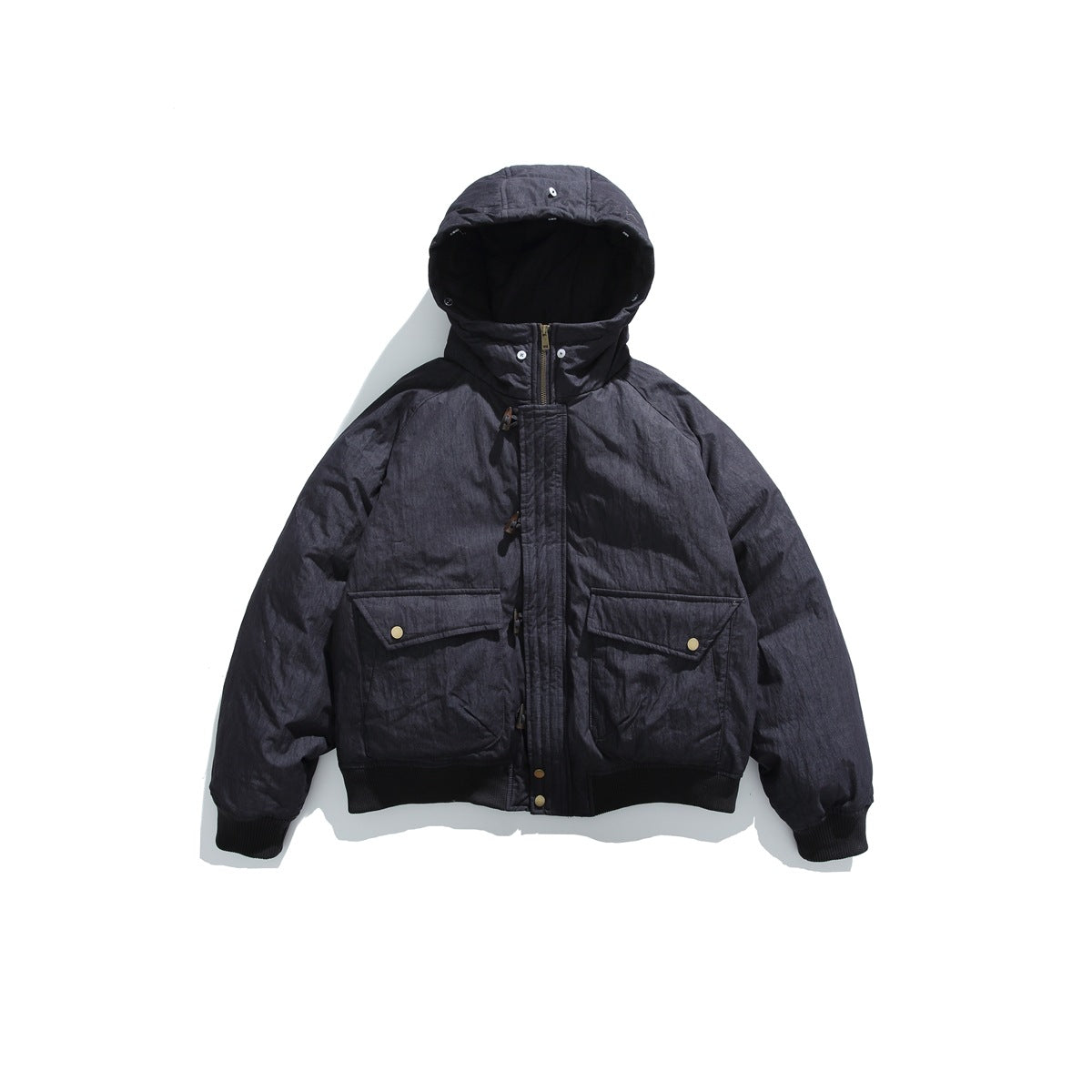 Front view of a dark navy hooded jacket with flap pockets, toggle closures, and ribbed cuffs.