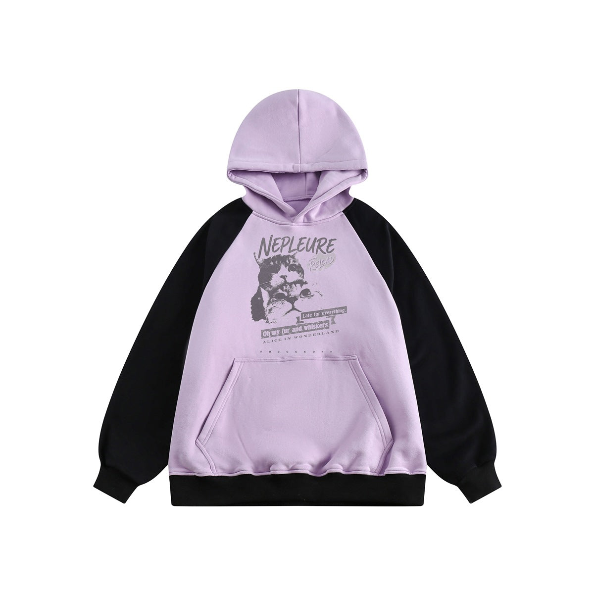 Lavender purple hoodie with black raglan sleeves, kangaroo pocket and gray cat graphic, flat front view