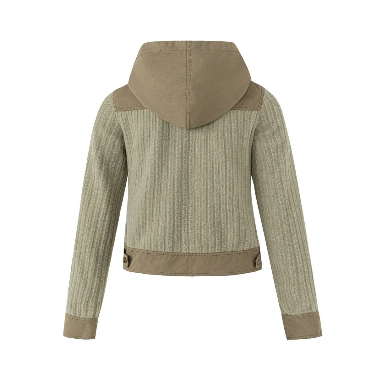 Back view of a sage ribbed hooded jacket with a taupe hood, shoulder panels, cuffs and hem.