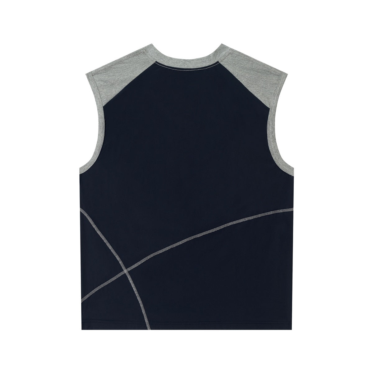 Back view of a navy sleeveless top with gray shoulder panels and curved contrast seams.