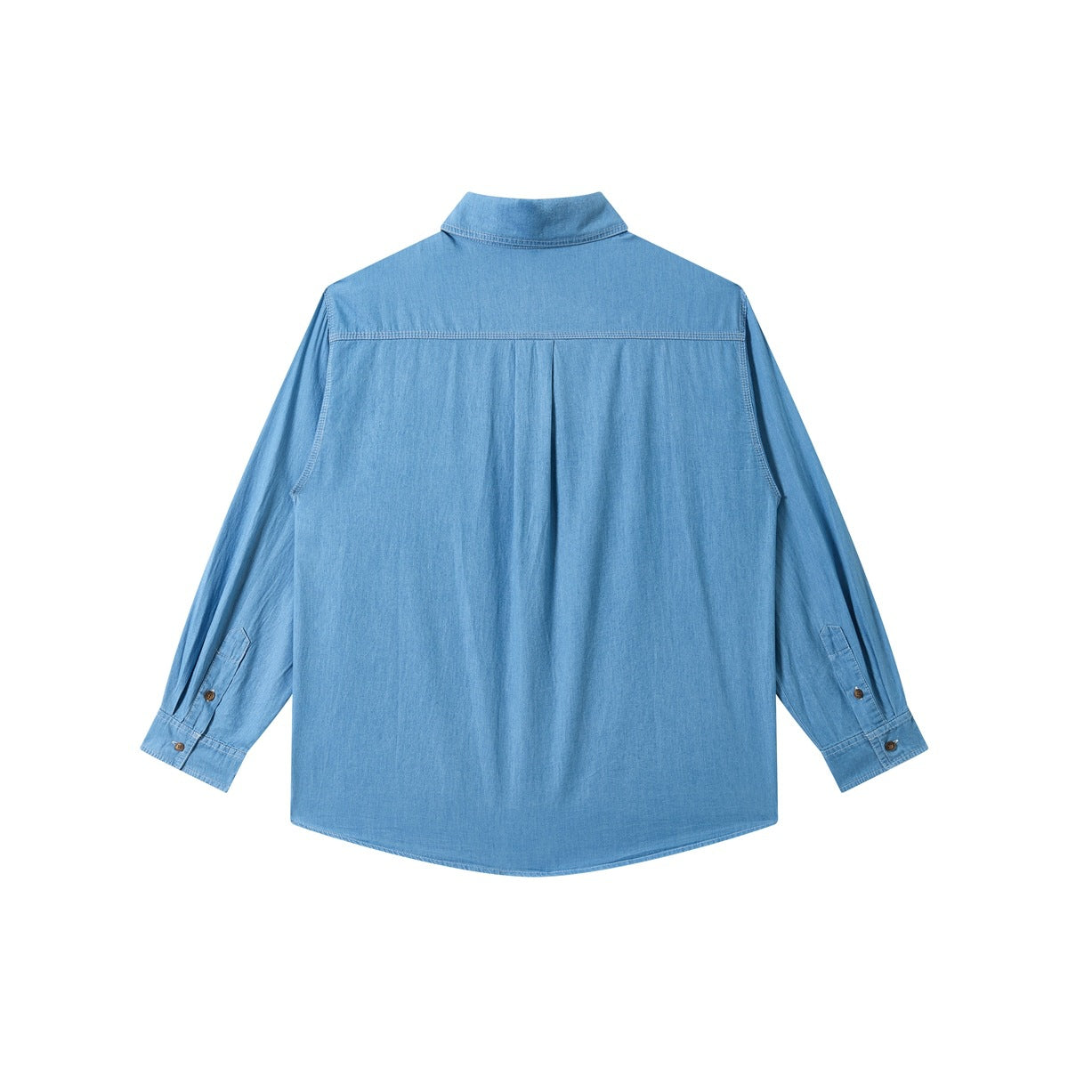 Back view of a light blue long-sleeve button-up shirt with a yoke seam and center pleat.