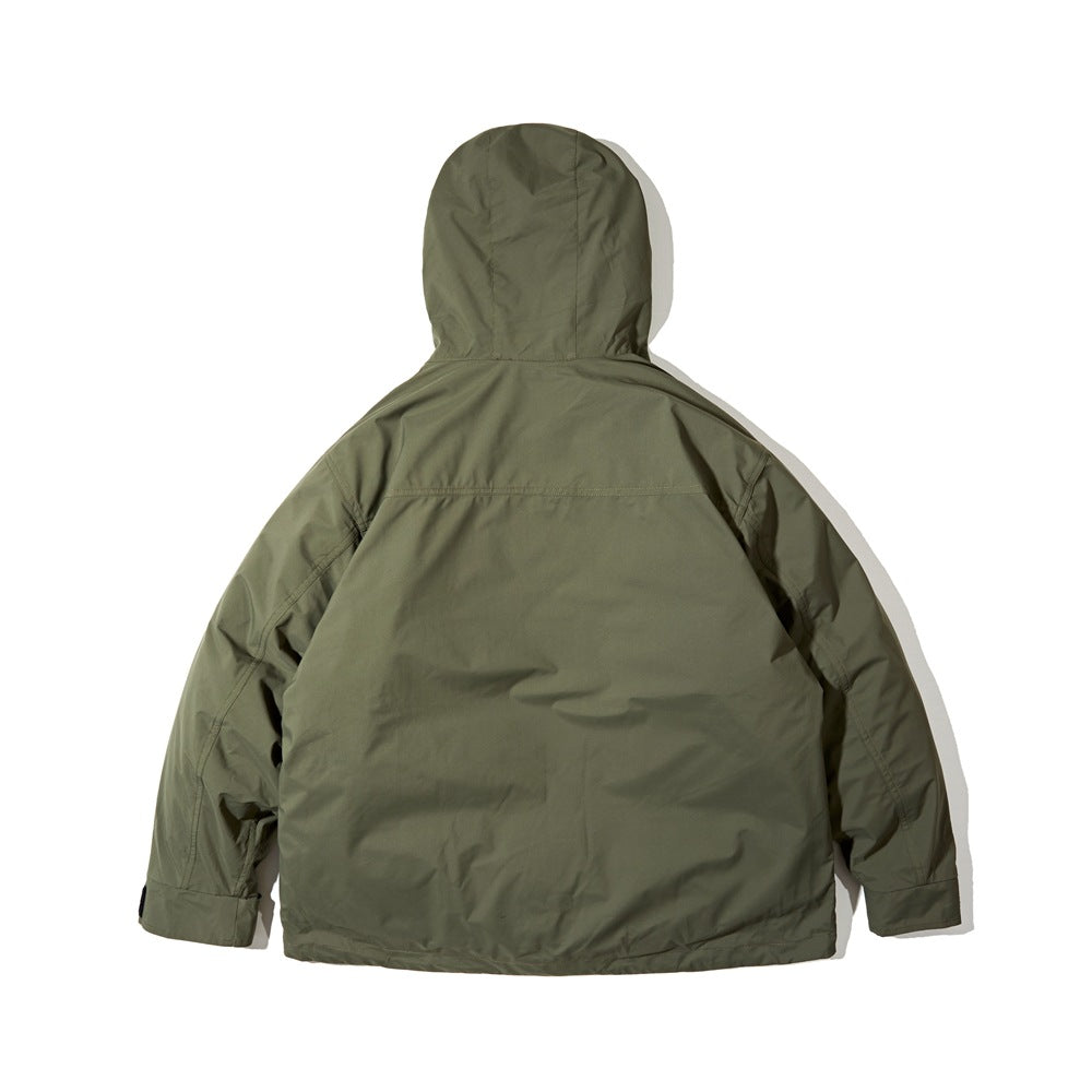 Back view of an olive hooded jacket with a plain back and adjustable cuffs.