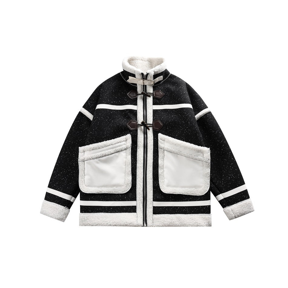 Black speckled zip jacket with cream fleece-like trim, toggle fasteners and large off-white patch pockets, front view