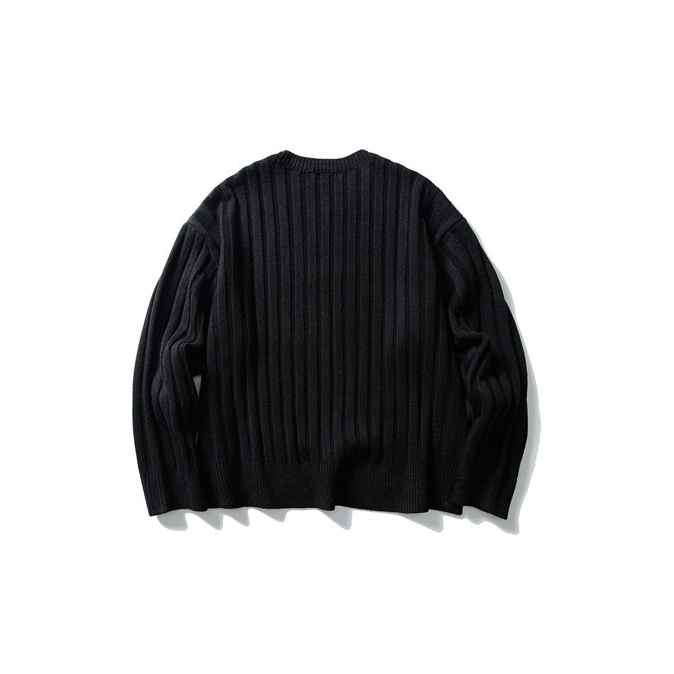 Black rib-knit crewneck sweater shown from the back against a white background.