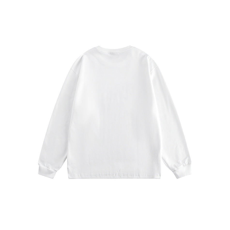 Back view of a plain white long-sleeve crewneck sweatshirt with ribbed cuffs.