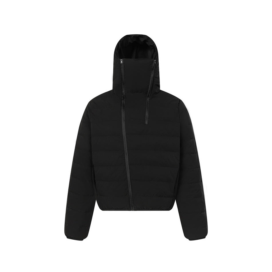 Black quilted hooded jacket with asymmetric diagonal zipper and high funnel collar, front view on white background