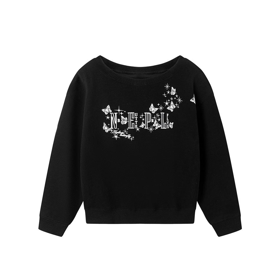 Black crewneck sweatshirt with white butterfly, sparkle and stylized lettering graphic on the front
