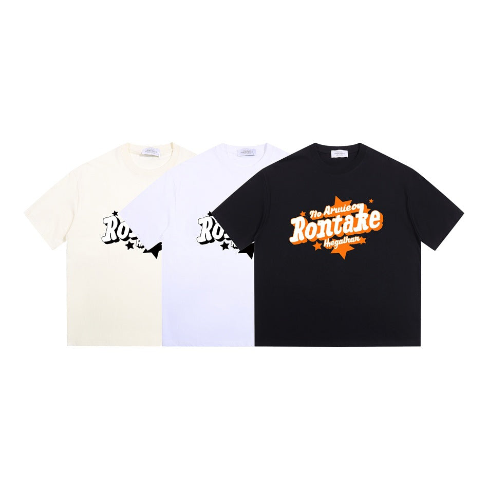 Three short-sleeve graphic T-shirts shown together in cream, white, and black.