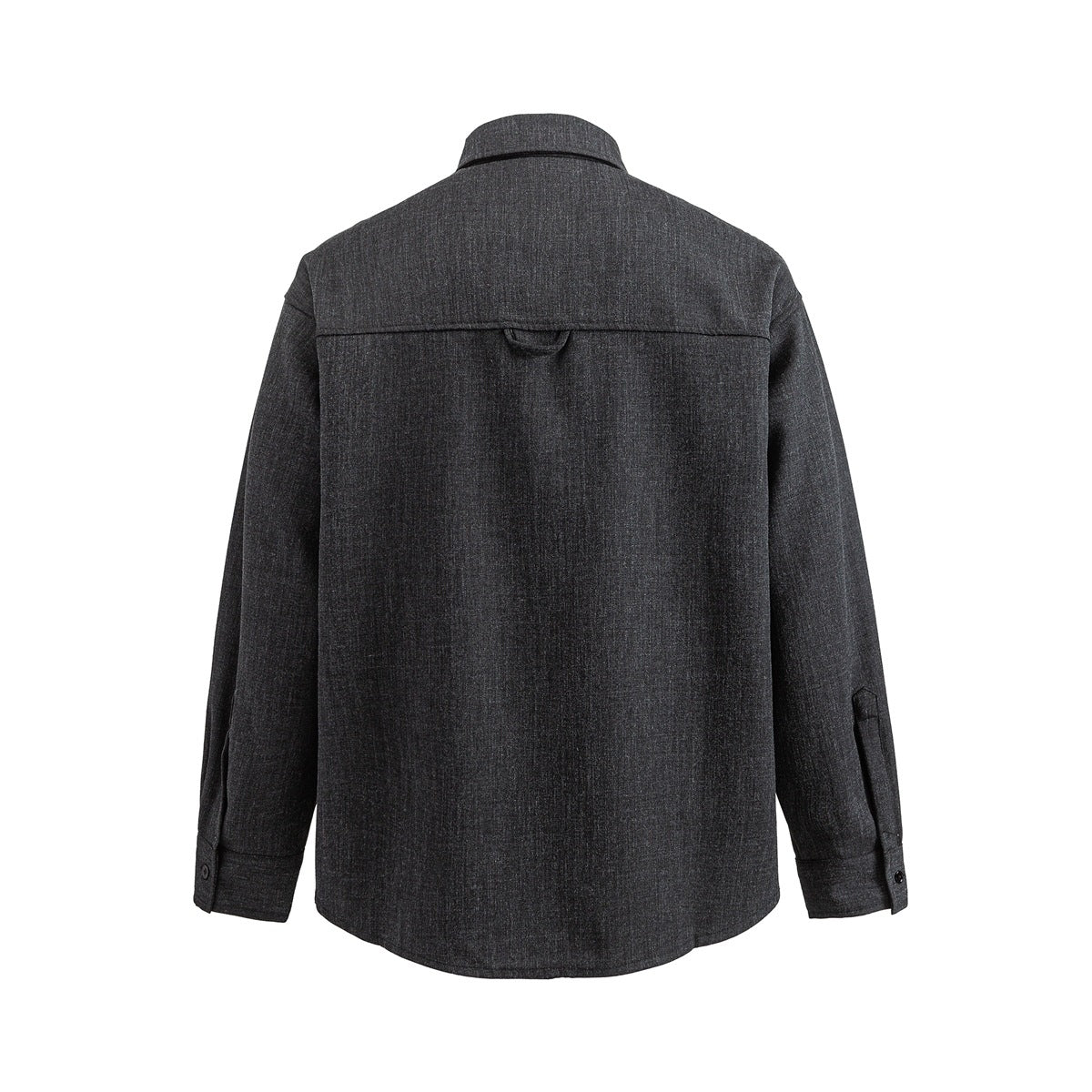 Back view of a charcoal long-sleeve shirt with a pointed collar, shoulder yoke, and button cuffs.