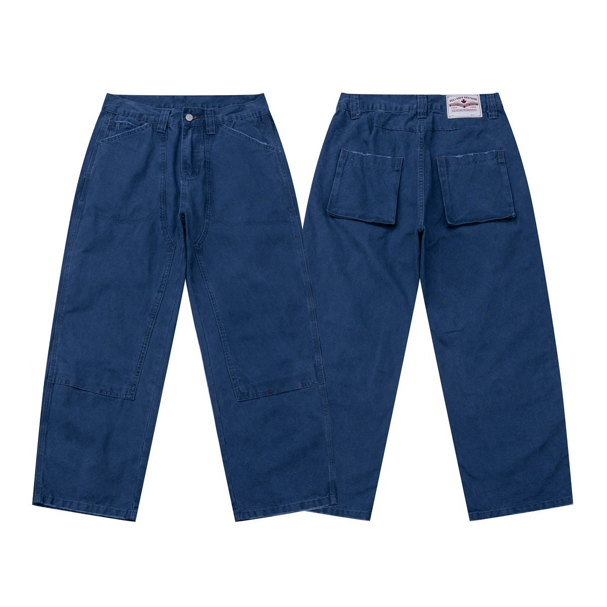 Dark blue wide-leg trousers shown from the front and back, with large patch pockets and a button waist.
