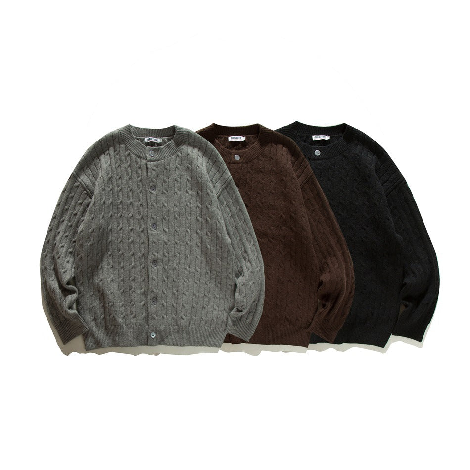 Three button-front cable-knit cardigans displayed together in gray, brown, and black.