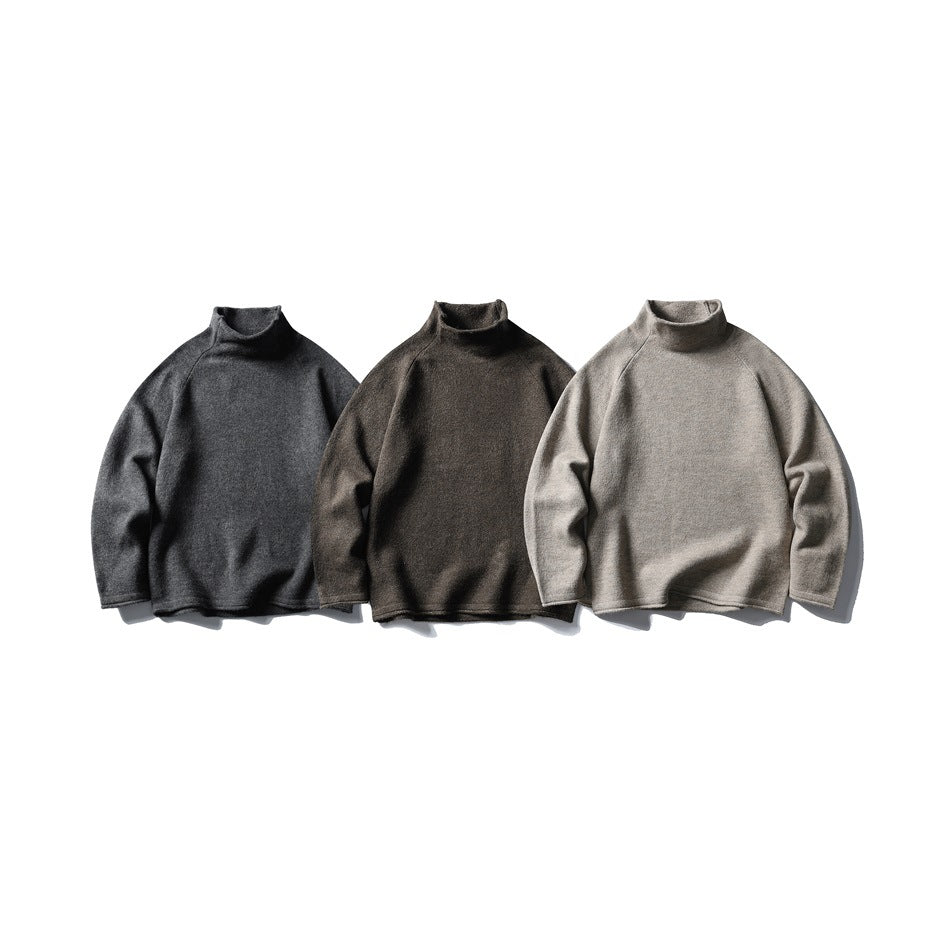 Three front-view high-neck pullovers in charcoal, dark brown, and taupe-gray.