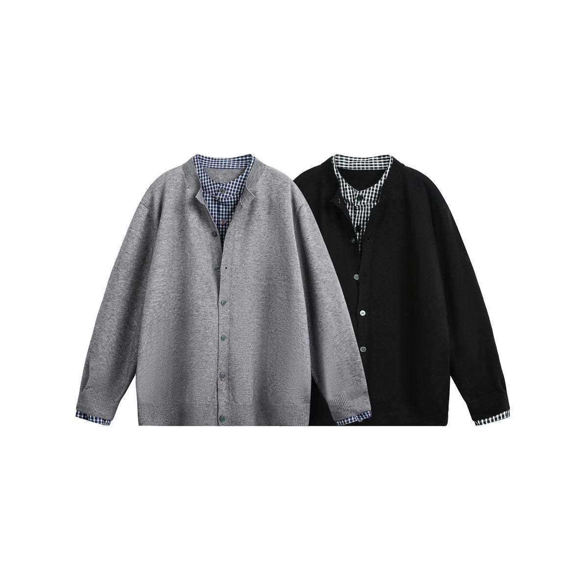 Gray and black button-front cardigans displayed together, with checked fabric visible at the neck and cuffs.