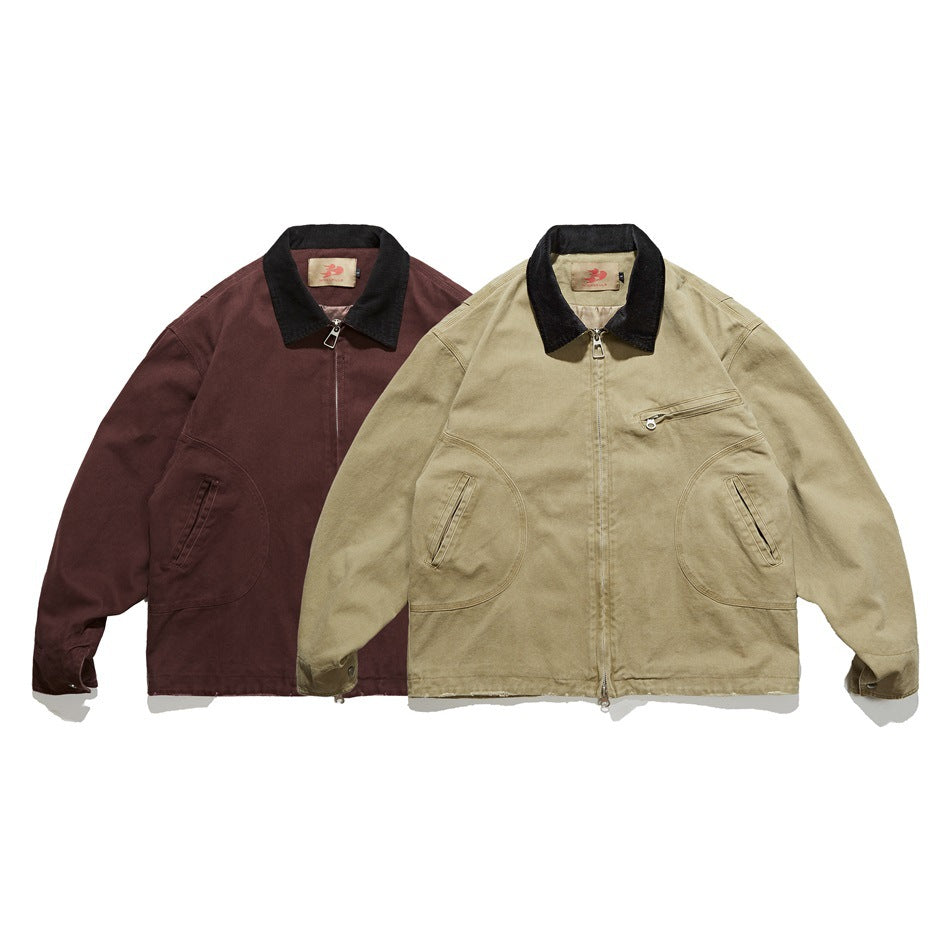Two jackets shown together: one dark burgundy and one khaki, both with black collars and front zippers.