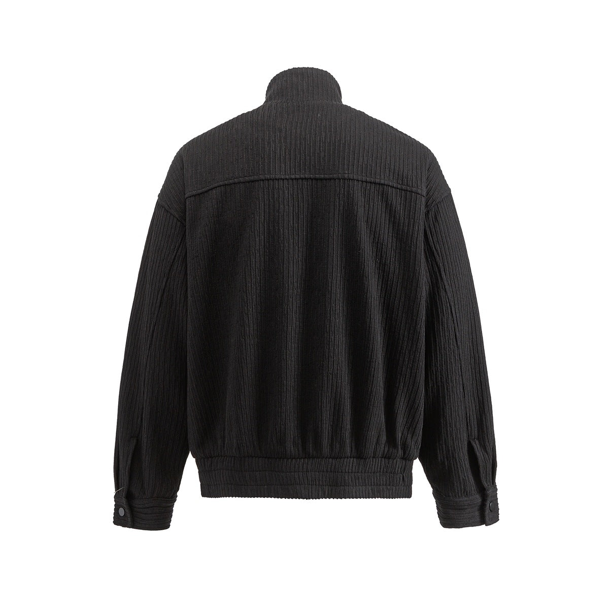 Back view of a black ribbed jacket with a high collar, long sleeves, and buttoned cuffs.