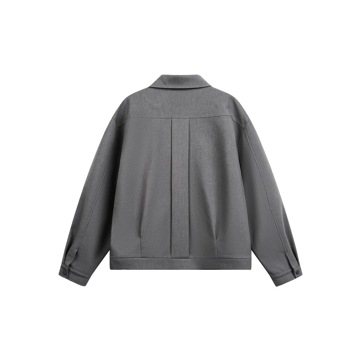 Back view of a charcoal gray jacket with a pointed collar, center pleat and buttoned cuffs.