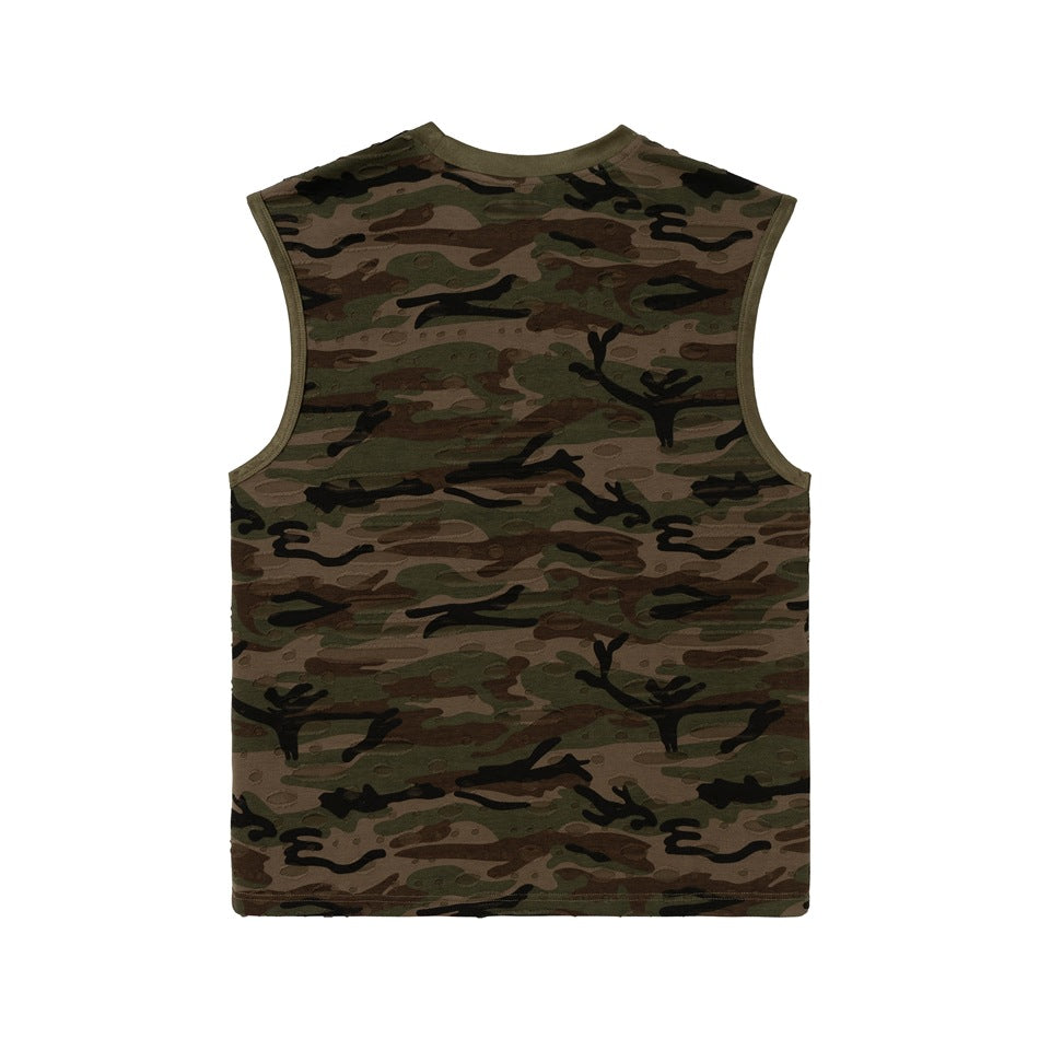 Back of sleeveless camouflage crew-neck top with distressed holes and olive-green trim on a plain white background