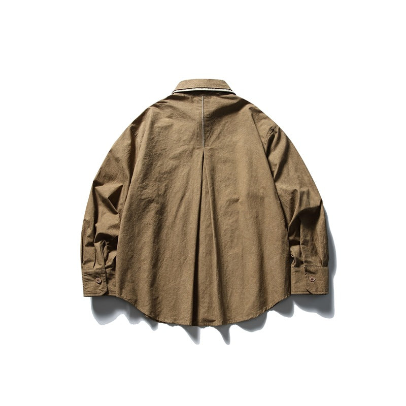 Back view of a brown long-sleeve button-up shirt with a center pleat and button cuffs.