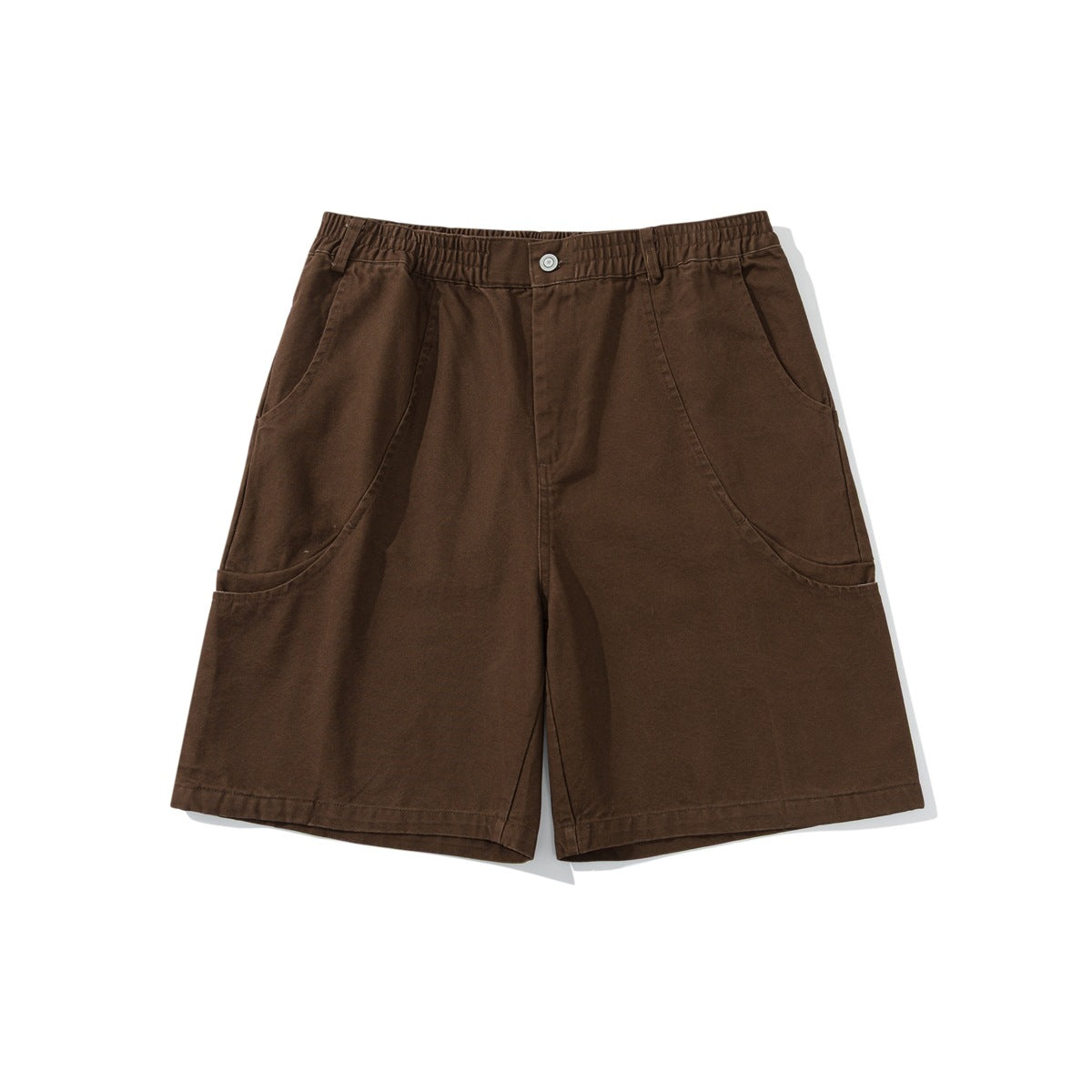 Brown knee-length shorts with elastic waistband, center button and curved front pockets, flat lay front view